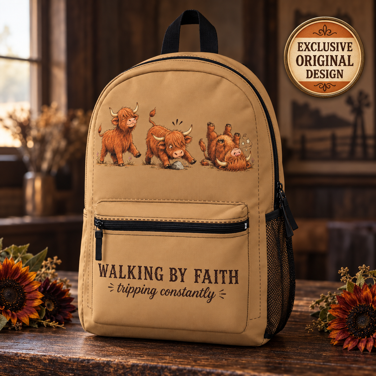 Walking By Faith Tripping Constantly Cow Backpack, Western Cowgirl Faith Bag Lightweight, Highland Cow Lover Gift, Toddler, College Backpack