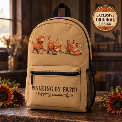 Walking By Faith Tripping Constantly Cow Backpack, Western Cowgirl Faith Bag Lightweight, Highland Cow Lover Gift, Toddler, College Backpack