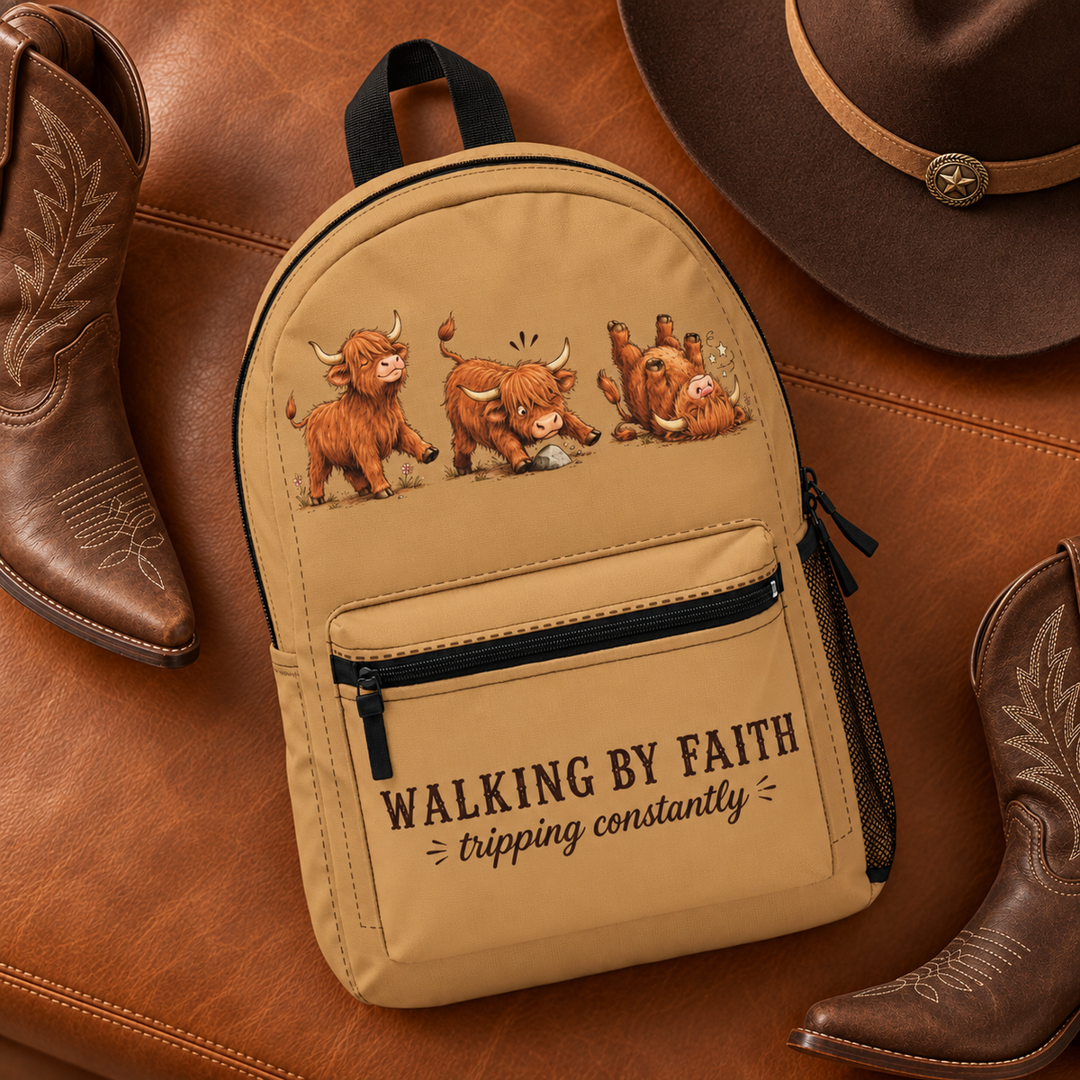 Walking By Faith Tripping Constantly Cow Backpack, Western Cowgirl Faith Bag Lightweight, Highland Cow Lover Gift, Toddler, College Backpack