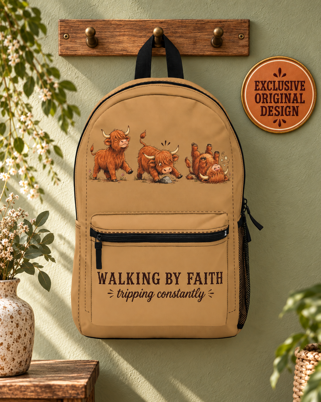 Walking By Faith Tripping Constantly Cow Backpack, Western Cowgirl Faith Bag Lightweight, Highland Cow Lover Gift, Toddler, College Backpack