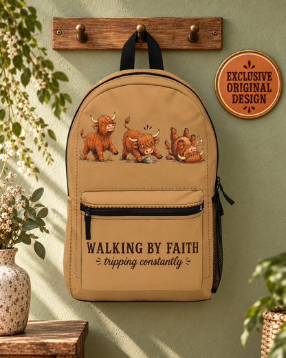 Walking By Faith Tripping Constantly Cow Backpack, Western Cowgirl Faith Bag Lightweight, Highland Cow Lover Gift, Toddler, College Backpack