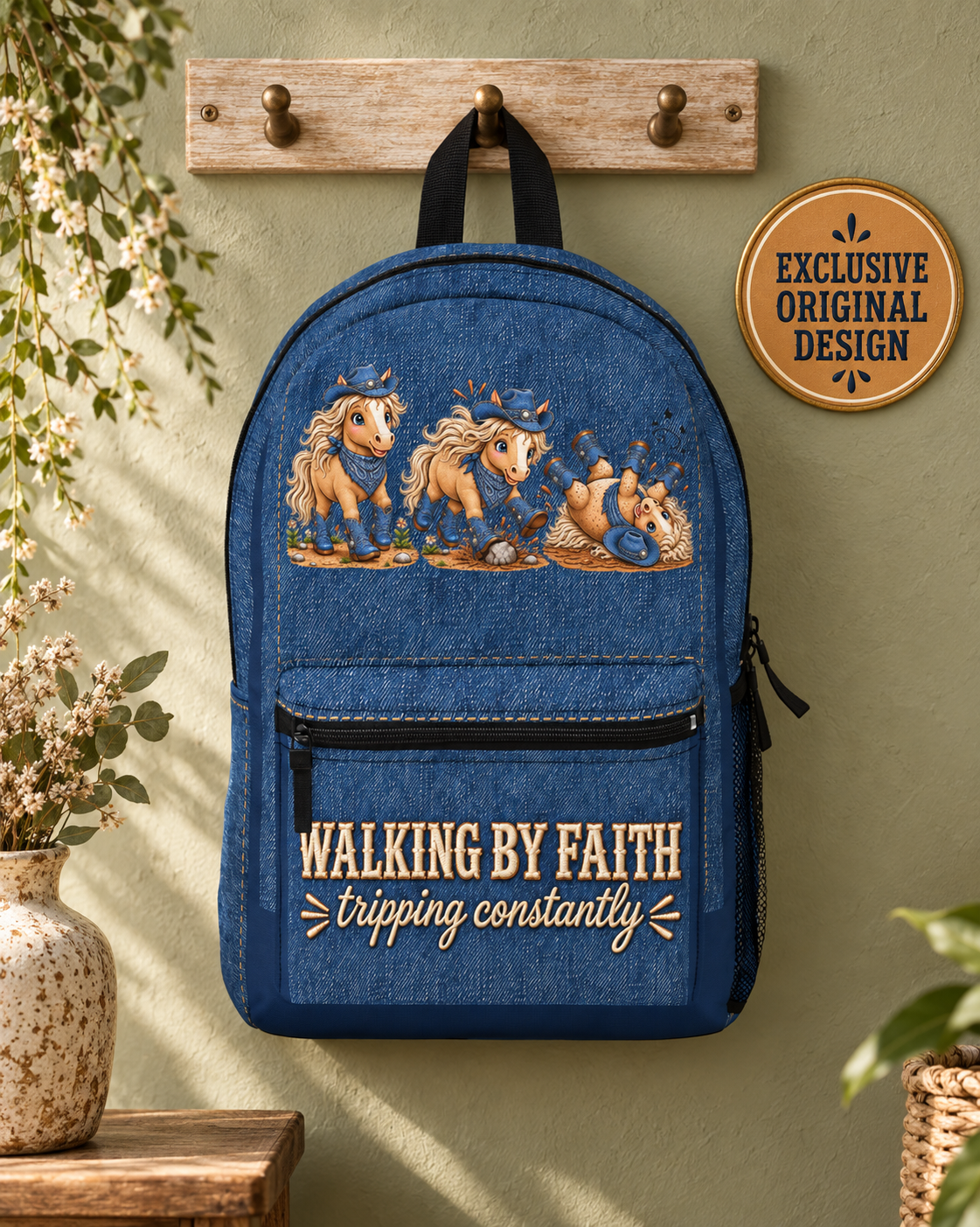 Walking By Faith Tripping Constantly Horse Backpack Denim Print Design Western Cowgirl Faith Bag Lightweight Denim Look Pony Backpack