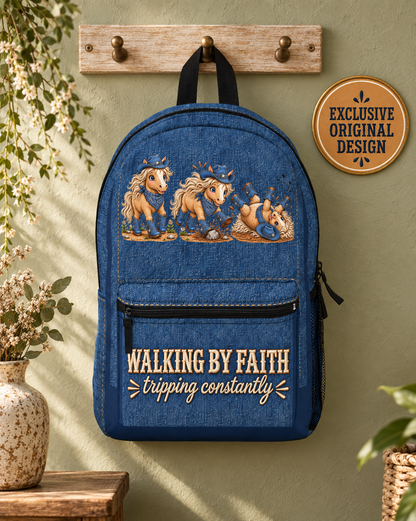 Walking By Faith Tripping Constantly Horse Backpack Denim Print Design Western Cowgirl Faith Bag Lightweight Denim Look Pony Backpack