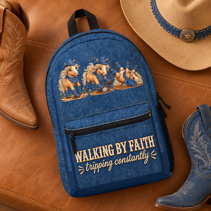 Walking By Faith Tripping Constantly Horse Backpack Denim Print Design Western Cowgirl Faith Bag Lightweight Denim Look Pony Backpack