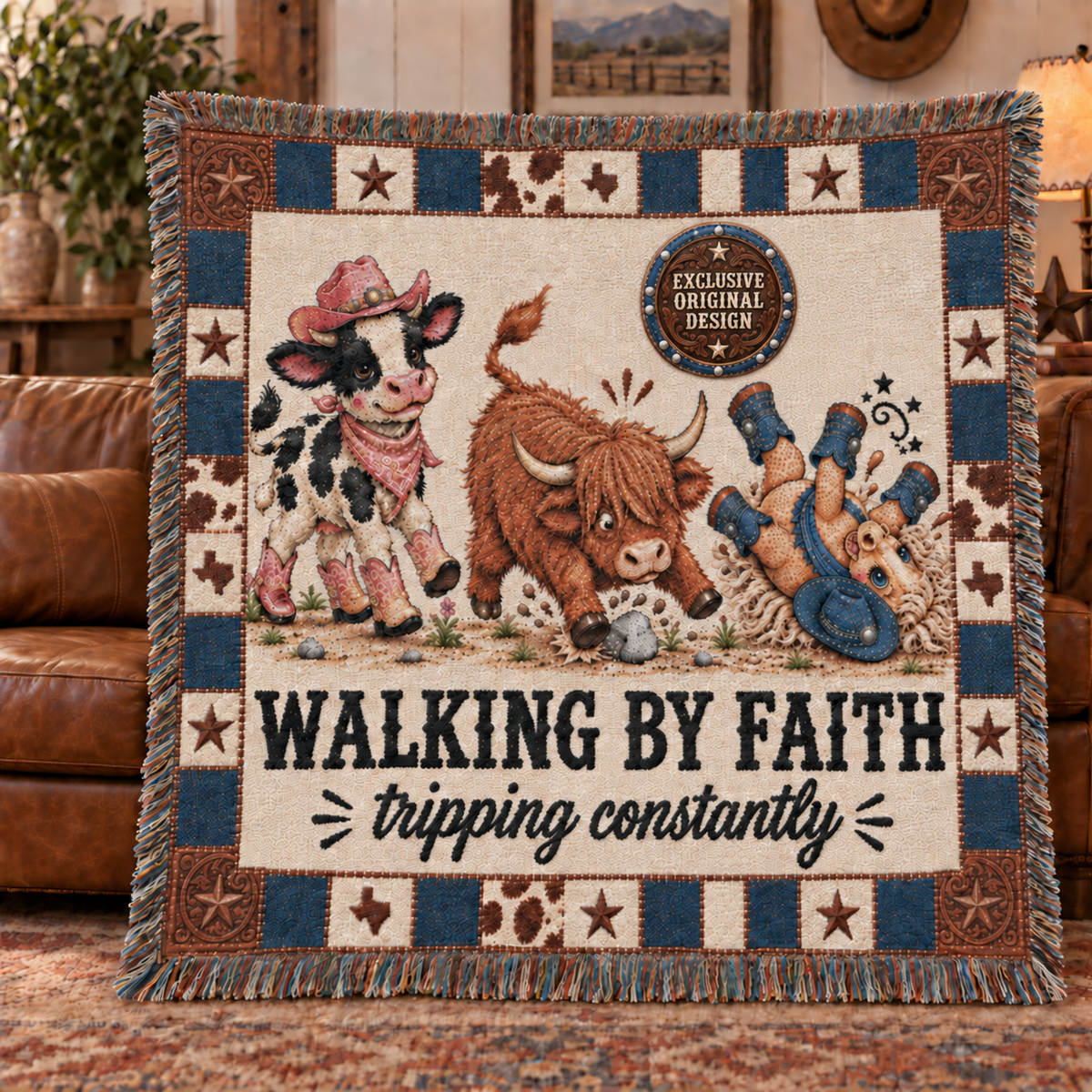 Walking By Faith Tripping Constantly Cow Woven Blanket, Western Cowgirl Cowboy Tapestry, Texas Pony  Highland Cow Throw, Inspirational Gift