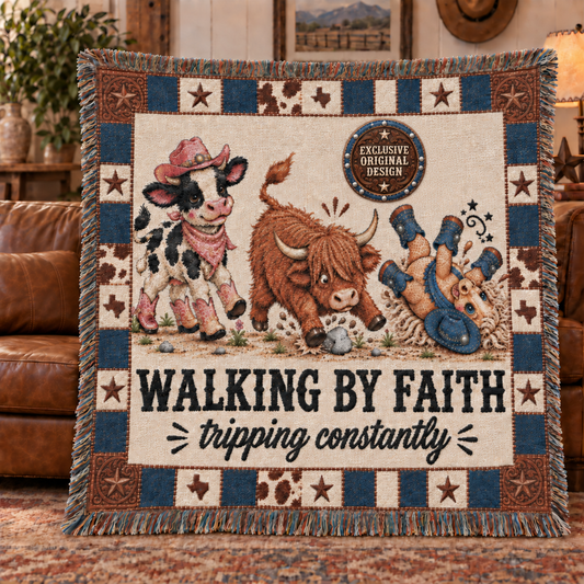 Walking By Faith Tripping Constantly Cow Woven Blanket, Western Cowgirl Cowboy Tapestry, Texas Pony  Highland Cow Throw, Inspirational Gift