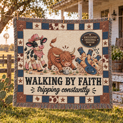Walking By Faith Tripping Constantly Cow Woven Blanket, Western Cowgirl Cowboy Tapestry, Texas Pony  Highland Cow Throw, Inspirational Gift