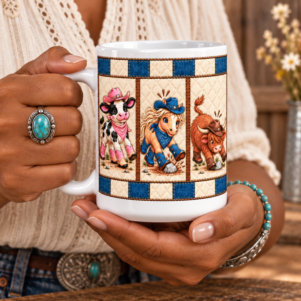 Western Faith Cowgirl Coffee Mug, Cute Cowboy Cow Horse Highland Bull Ceramic Cup, Country Cowgirl Southern Pride Decor Gift for Her