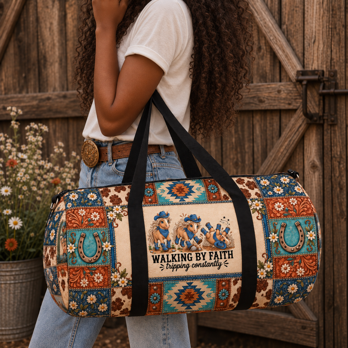Walking By Faith Tripping Constantly Horse *Limited Edition* Duffel Bag, Western Cowgirl Rodeo Weekend Canvas Travel Bag, Horse Getaway Gift