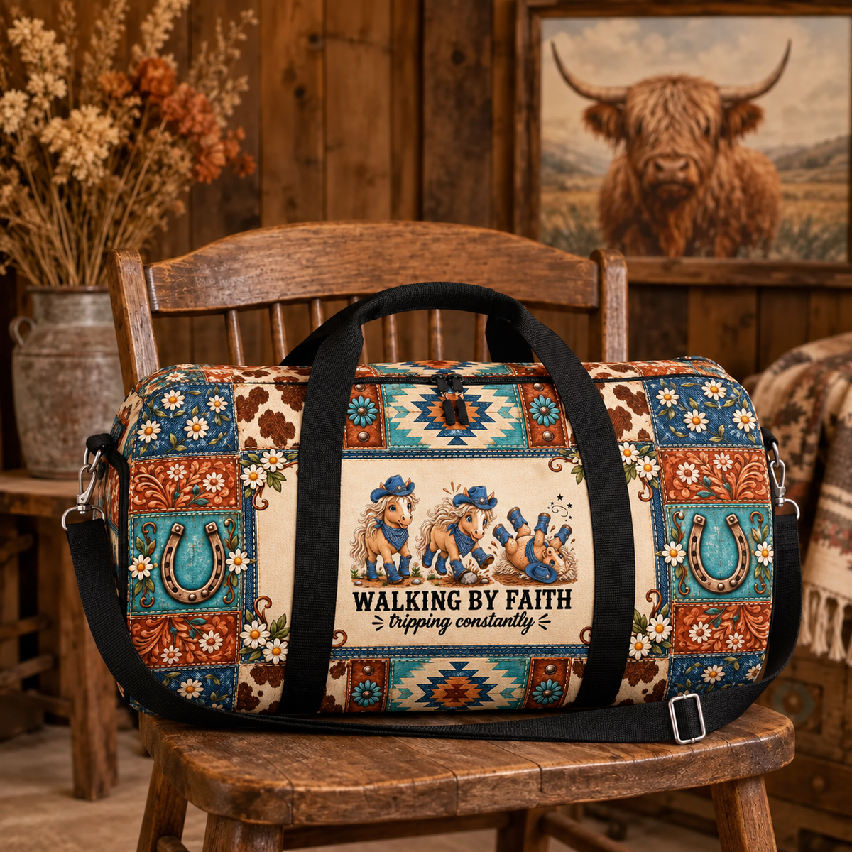 Walking By Faith Tripping Constantly Horse *Limited Edition* Duffel Bag, Western Cowgirl Rodeo Weekend Canvas Travel Bag, Horse Getaway Gift