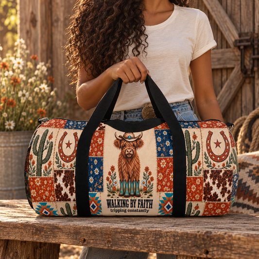 Walking By Faith Tripping Constantly Cow *Limited Edition* Duffel Bag, Western Highland Cow Patchwork Canvas Travel Bag, Rodeo Cowboy Gift