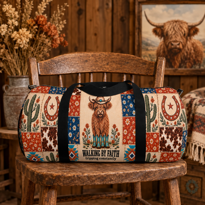 Walking By Faith Tripping Constantly Cow *Limited Edition* Duffel Bag, Western Highland Cow Patchwork Canvas Travel Bag, Rodeo Cowboy Gift