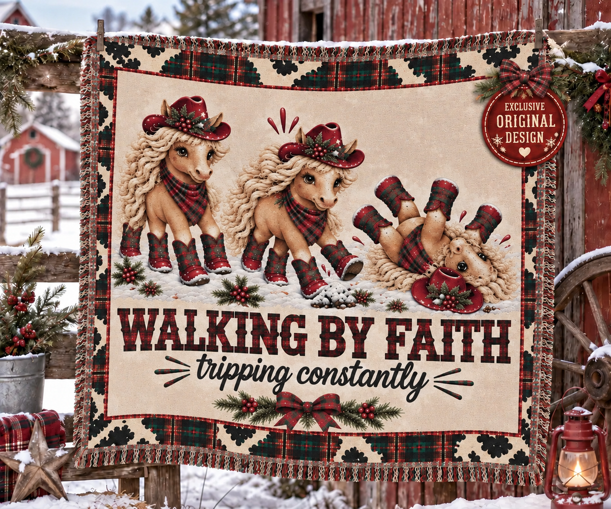 Walking By Faith Tripping Constantly Horse Christmas Woven Blanket, Plaid Cowgirl Horse Tapestry, Western Holiday Print  Home Decor Gift