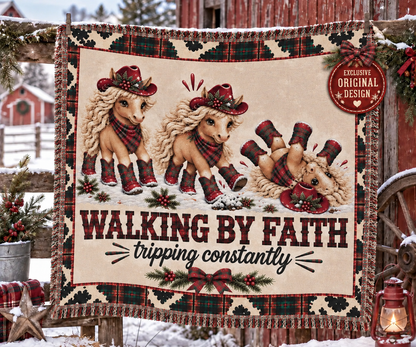 Walking By Faith Tripping Constantly Horse Christmas Woven Blanket, Plaid Cowgirl Horse Tapestry, Western Holiday Print  Home Decor Gift
