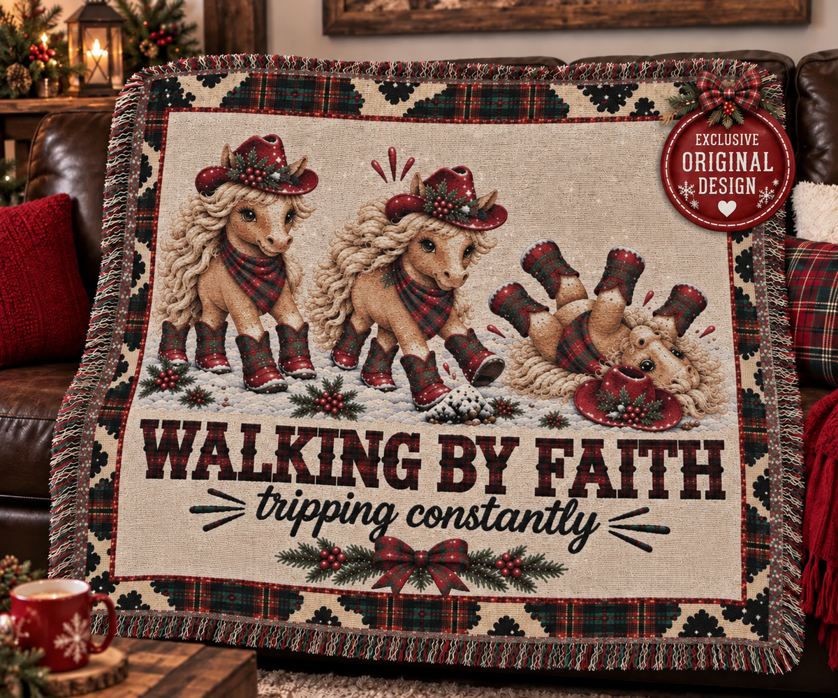 Walking By Faith Tripping Constantly Horse Christmas Woven Blanket, Plaid Cowgirl Horse Tapestry, Western Holiday Print  Home Decor Gift