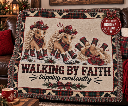 Walking By Faith Tripping Constantly Horse Christmas Woven Blanket, Plaid Cowgirl Horse Tapestry, Western Holiday Print  Home Decor Gift