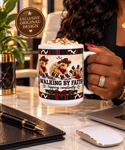 Walking By Faith Tripping Constantly Mug, Western Christian Christmas Gift, Cowgirl Coffee Mug, Cowgirl Mom Gift, Western Christmas Mug