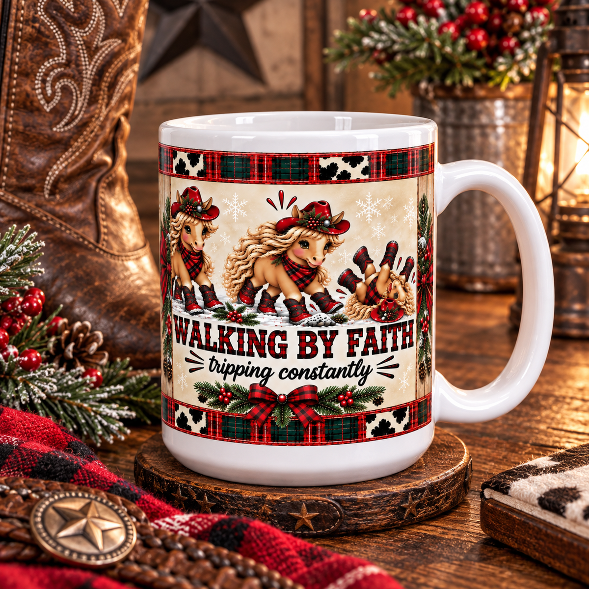 Walking By Faith Tripping Constantly Mug, Western Christian Christmas Gift, Cowgirl Coffee Mug, Cowgirl Mom Gift, Western Christmas Mug