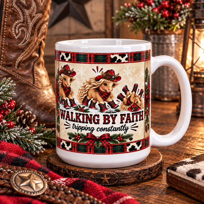 Walking By Faith Tripping Constantly Mug, Western Christian Christmas Gift, Cowgirl Coffee Mug, Cowgirl Mom Gift, Western Christmas Mug