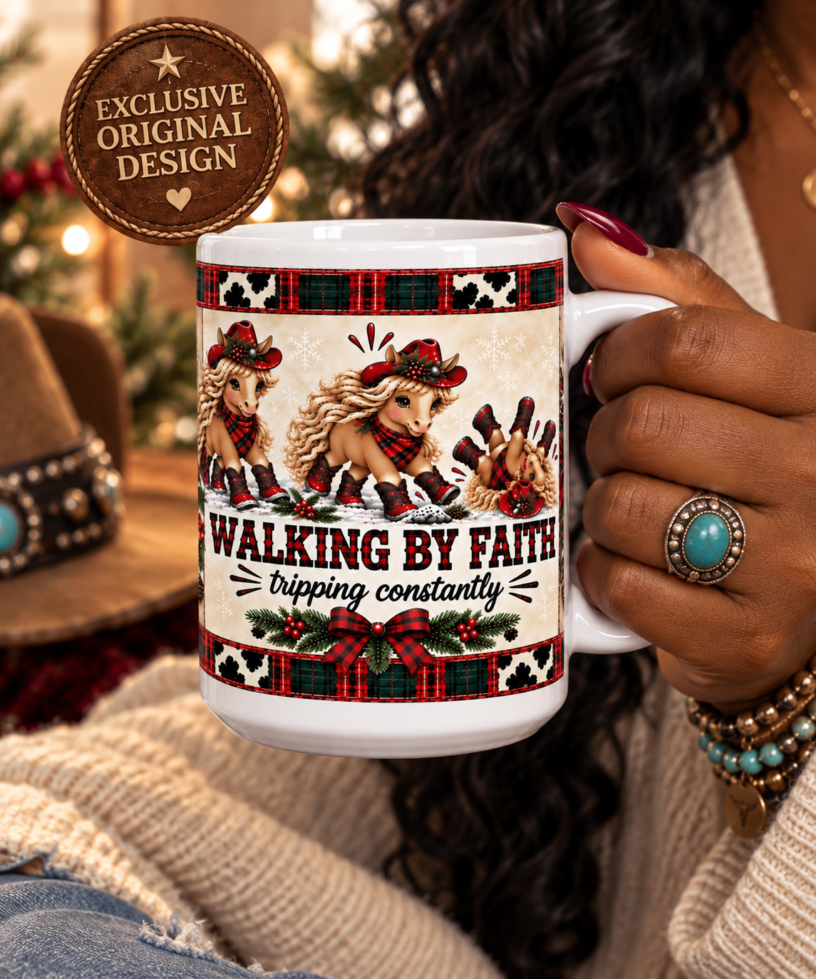 Walking By Faith Tripping Constantly Mug, Western Christian Christmas Gift, Cowgirl Coffee Mug, Cowgirl Mom Gift, Western Christmas Mug