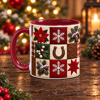 Western Christmas Patchwork Poinsette Quilt Style Mug, Cozy Country Horseshoe Snowflake Ceramic Coffee Mug, Rustic Holiday Farmhouse Gift