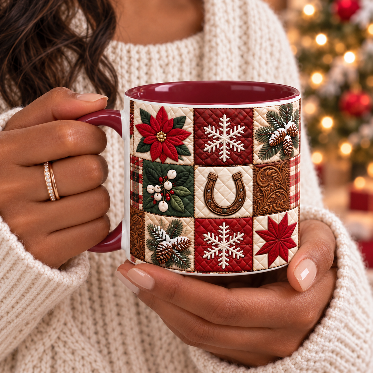 Western Christmas Patchwork Poinsette Quilt Style Mug, Cozy Country Horseshoe Snowflake Ceramic Coffee Mug, Rustic Holiday Farmhouse Gift