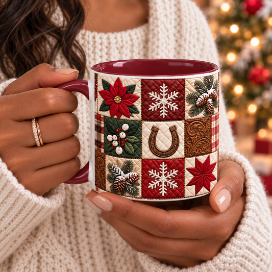 Western Christmas Patchwork Poinsette Quilt Style Mug, Cozy Country Horseshoe Snowflake Ceramic Coffee Mug, Rustic Holiday Farmhouse Gift