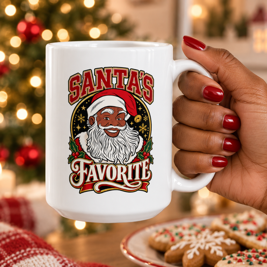 Black Santa's Favorite Mug, Christmas Ceramic Coffee Cup 15oz, Black Santa Claus Mug, Cute Christmas Gift Mug for Coffee or Cocoa Lovers