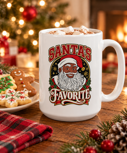 Black Santa's Favorite Mug, Christmas Ceramic Coffee Cup 15oz, Black Santa Claus Mug, Cute Christmas Gift Mug for Coffee or Cocoa Lovers