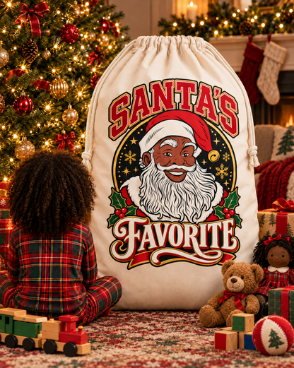 Black Santa's Favorite Oversized Sturdy Christmas Sack, Black Santa Gift Bag, Large Canvas Toy Sack 28x36, Black Santa Claus Christmas Decor