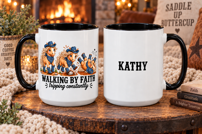 Personalized Walking By Faith Tripping Constantly Mug, Custom Name Horse Coffee Mug, Western Cowgirl Cup, Funny Faith Gift for Horse Lovers