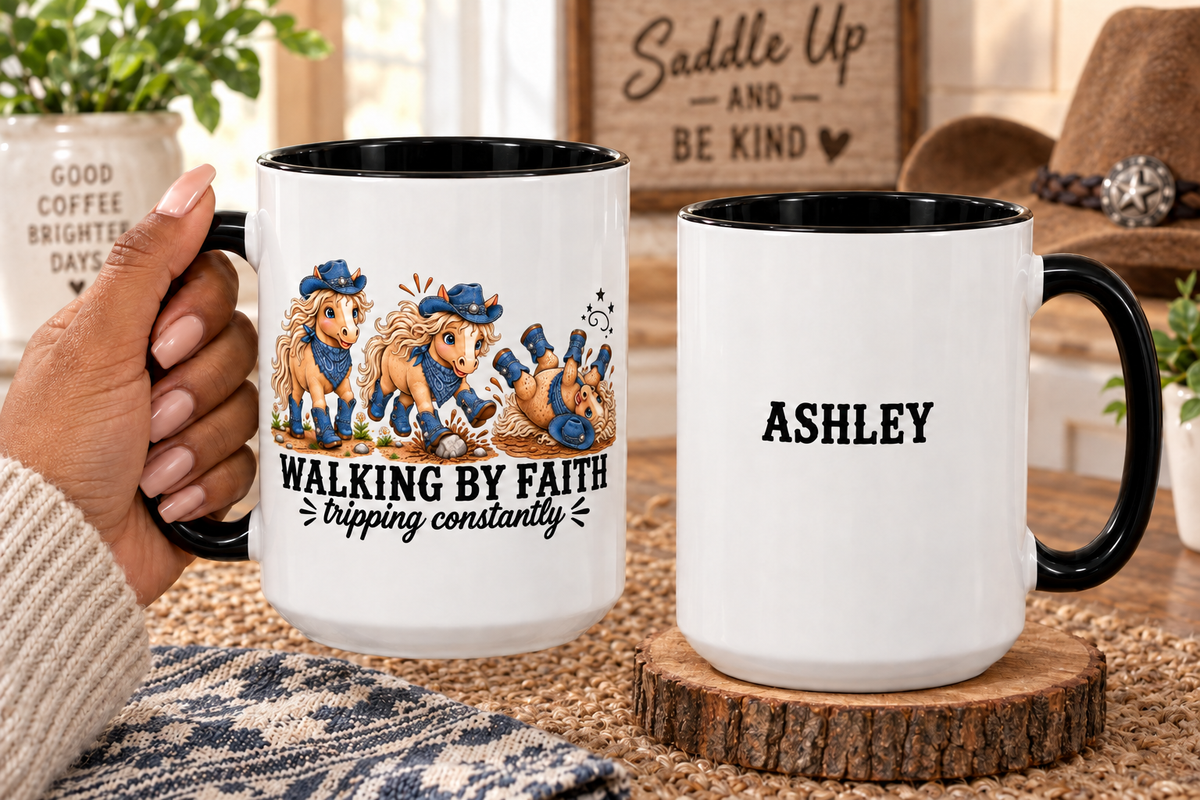 Personalized Walking By Faith Tripping Constantly Mug, Custom Name Horse Coffee Mug, Western Cowgirl Cup, Funny Faith Gift for Horse Lovers