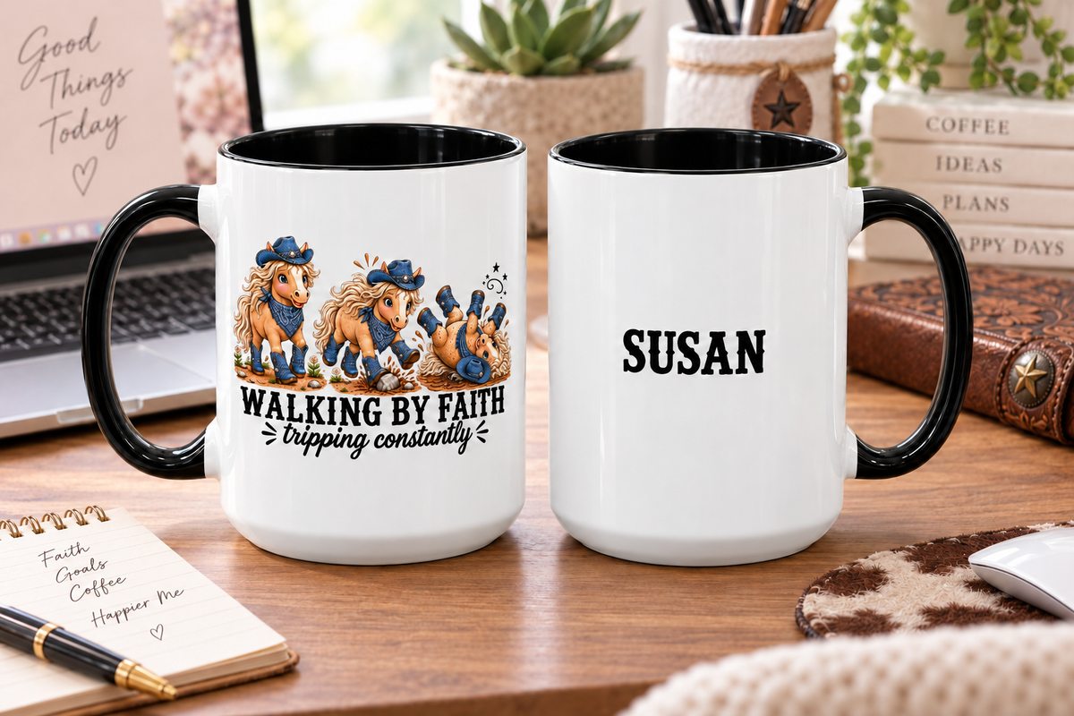 Personalized Walking By Faith Tripping Constantly Mug, Custom Name Horse Coffee Mug, Western Cowgirl Cup, Funny Faith Gift for Horse Lovers