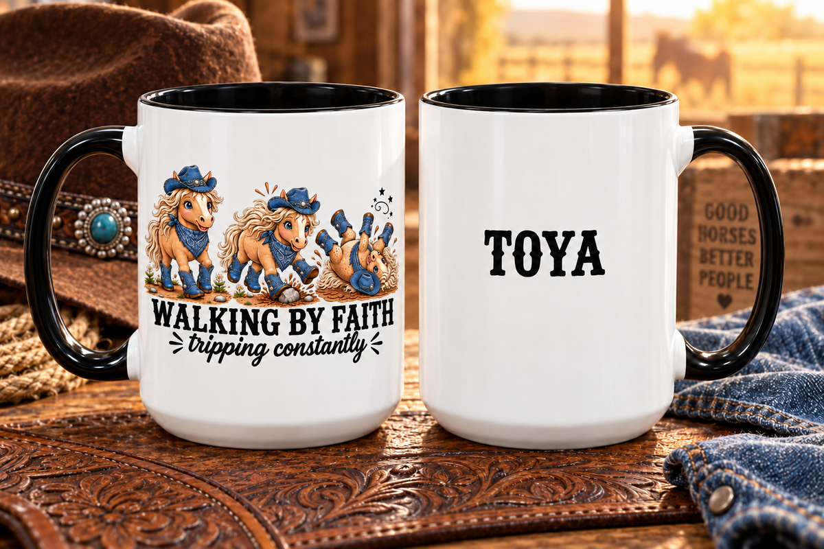 Personalized Walking By Faith Tripping Constantly Mug, Custom Name Horse Coffee Mug, Western Cowgirl Cup, Funny Faith Gift for Horse Lovers