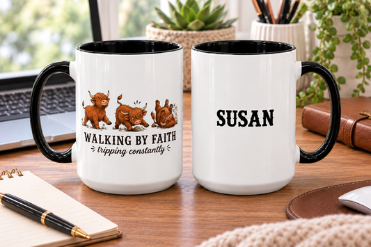 Personalized Walking By Faith Tripping Constantly Mug, Custom Name Highland Cow Mug, Funny Faith Coffee Cup, Cute Cow Gift for Her