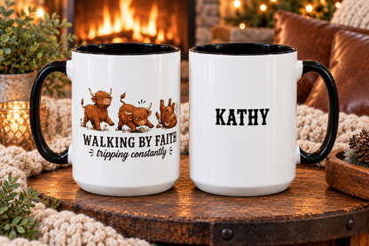 Personalized Walking By Faith Tripping Constantly Mug, Custom Name Highland Cow Mug, Funny Faith Coffee Cup, Cute Cow Gift for Her