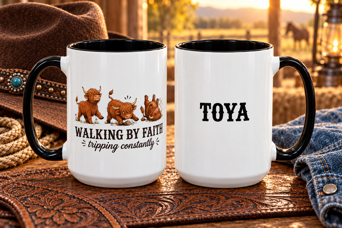 Personalized Walking By Faith Tripping Constantly Mug, Custom Name Highland Cow Mug, Funny Faith Coffee Cup, Cute Cow Gift for Her