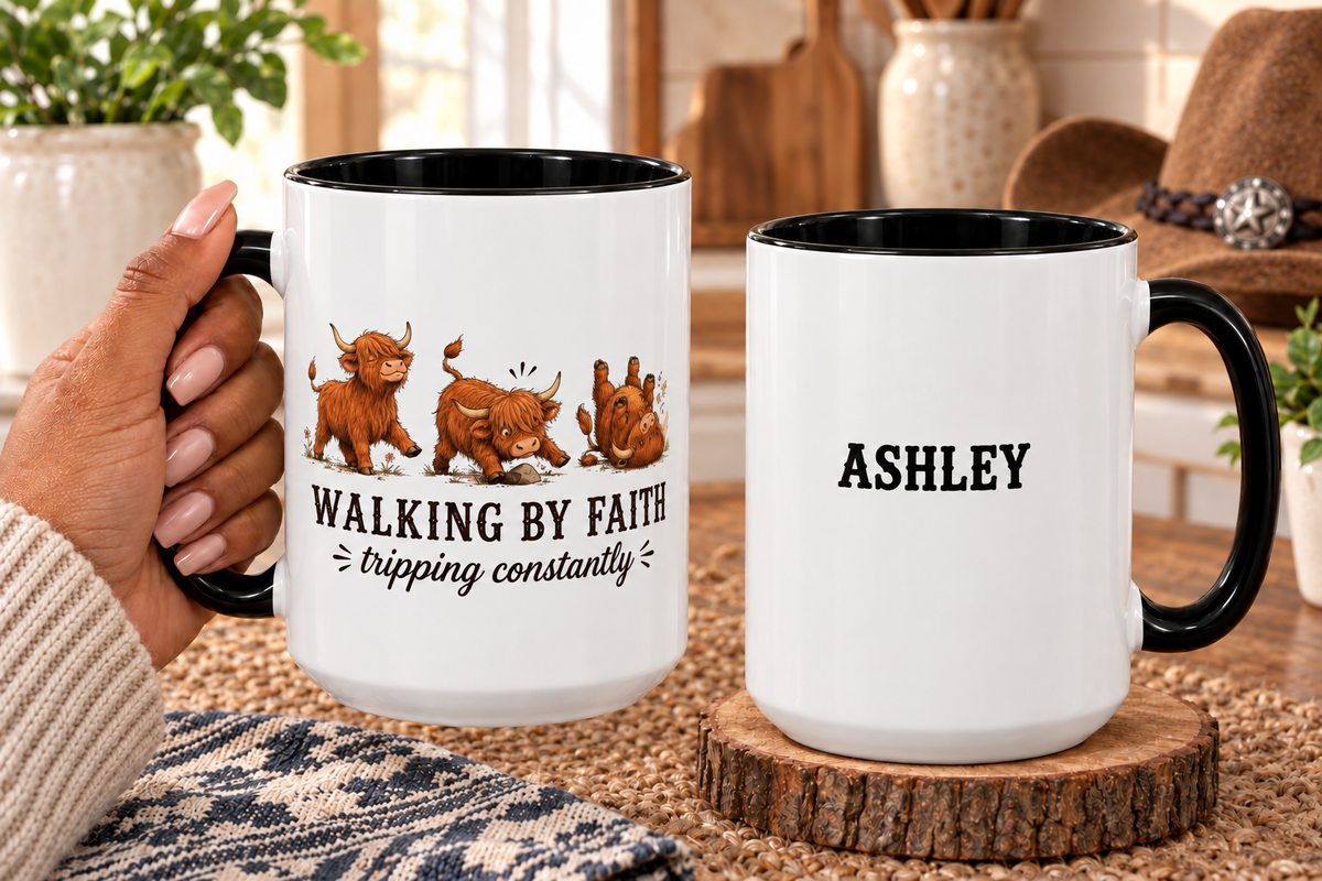 Personalized Walking By Faith Tripping Constantly Mug, Custom Name Highland Cow Mug, Funny Faith Coffee Cup, Cute Cow Gift for Her