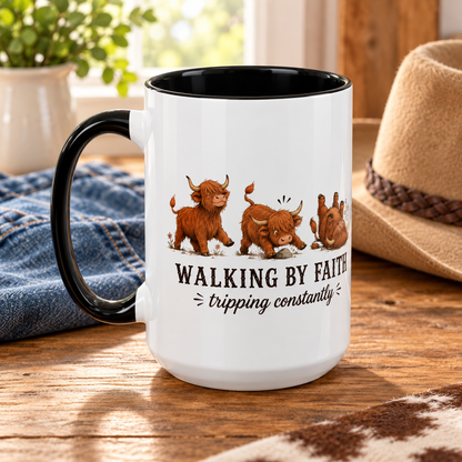 Personalized Walking By Faith Tripping Constantly Mug, Custom Name Highland Cow Mug, Funny Faith Coffee Cup, Cute Cow Gift for Her