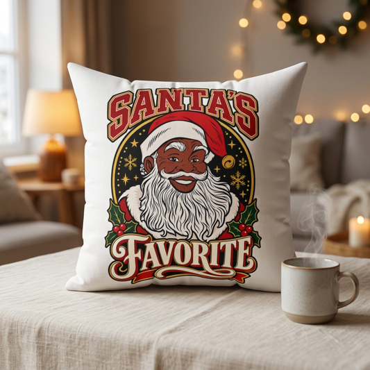 Black Santa's Favorite Throw Pillow, Christmas Ceramic Pillow Cover, Black Santa Claus Holiday Decor, Cute Vintage Style Xmas Cushion