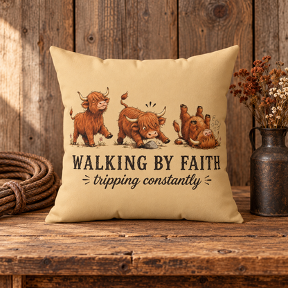 Walking By Faith tripping constantly cow Pillow | Highland Cow Country Farmhouse Decor