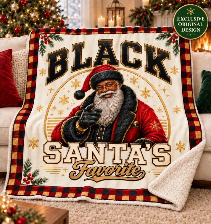 Black Santa's Favorite Sherpa Fleece Blanket Christmas Buffalo Plaid African American Santa Holiday Throw Cozy Gift