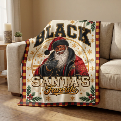 Black Santa's Favorite Sherpa Fleece Blanket Christmas Buffalo Plaid African American Santa Holiday Throw Cozy Gift