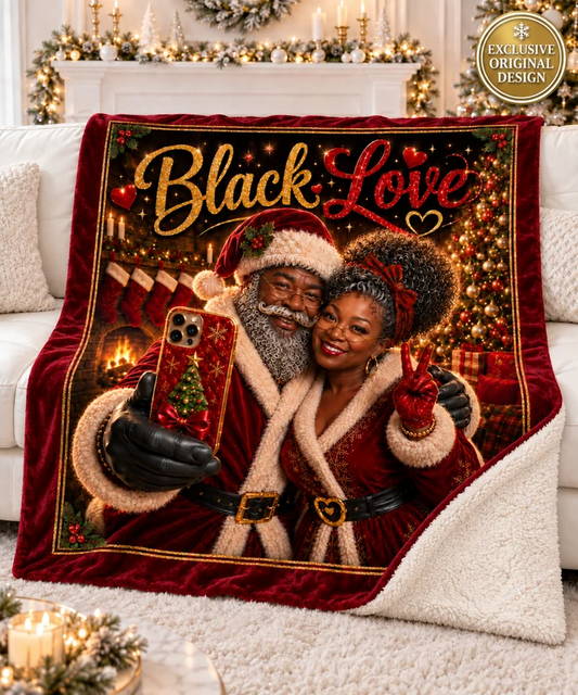 Black Love Christmas Couple Sherpa Blanket | Holiday Afrocentric Throw