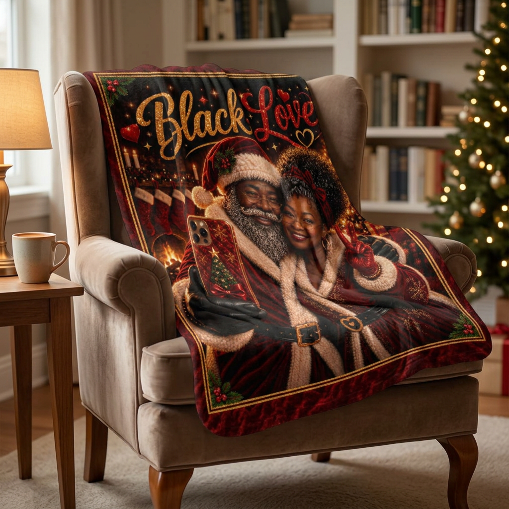 Black Love Christmas Couple Sherpa Blanket | Holiday Afrocentric Throw
