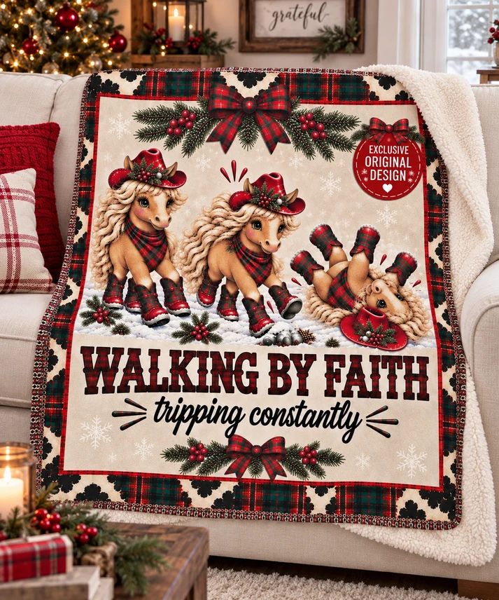Walking By Faith Tripping Constantly Christmas Sherpa Blanket, Plaid Cowgirl Horse Throw, Western Holiday Cow Print Fleece Blanket
