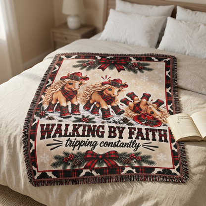 Walking By Faith Tripping Constantly Christmas Sherpa Blanket, Plaid Cowgirl Horse Throw, Western Holiday Cow Print Fleece Blanket