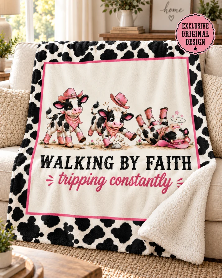 Limited Edition Walking By Faith Tripping Constantly Cow Sherpa Blanket | Cow Print Plush Fleece, Extra Warm Cozy 50x60, Christmas Gift