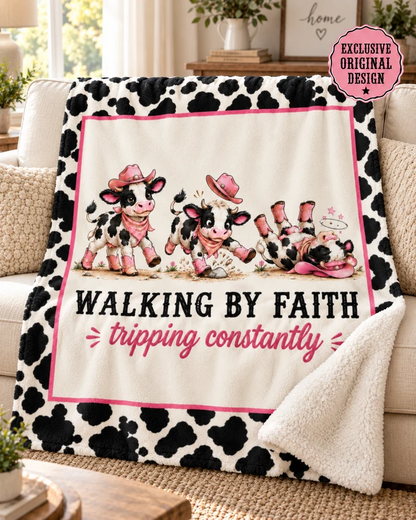 Limited Edition Walking By Faith Tripping Constantly Cow Sherpa Blanket | Cow Print Plush Fleece, Extra Warm Cozy 50x60, Christmas Gift