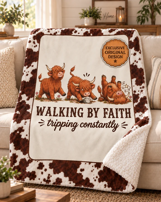 Limited Edition Walking By Faith Tripping Constantly Highland Cow Sherpa Blanket | Plush Fleece Throw, Extra Warm Cozy 50x60, Christmas Gift
